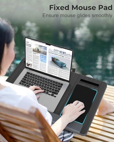 Potuopy Lap Desk - Up to 17” Laptop Tray with Wrist Rest, Portable Handle, Fixed Mouse Pad, Tablet & Phone Slots, Laptop Stand for Bed with Cushion (Black) - color: Black