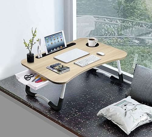 Slendor Lap Desk with Tablet Slot, Foldable Laptop Table with Storage Drawer，Portable Bed Desk for Laptop, Computer Tray with Cup Holder Notebook Stand Reading Holder for Couch Floor, White Maple - color: White Maple