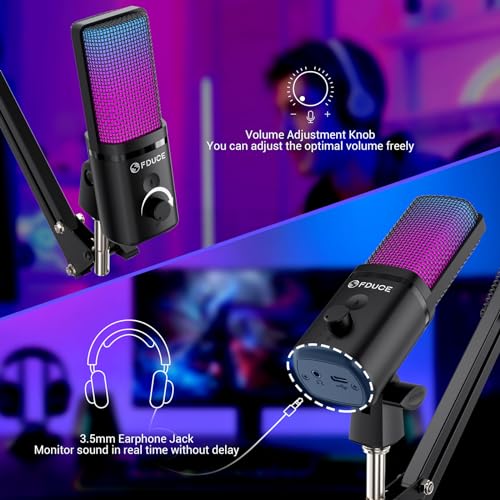 FDUCE Gaming USB Microphone, RGB Condenser mic with Mute, Gain, Monitoring, Boom Arm for Streaming, Podcast, Twitch, YouTube, PC, Computer, PS5, (M160+) - style: Mic with Boom Arm