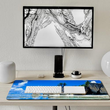 Beaches Scene France Seychelles Large Extended Gaming Mouse Pad (16x36in) - Durable Stitched Edges XXL Desk Mat for Keyboard and Mouse - Water Resistant & Non-Slip Rubber Base - color: black-3, size: 16x36in