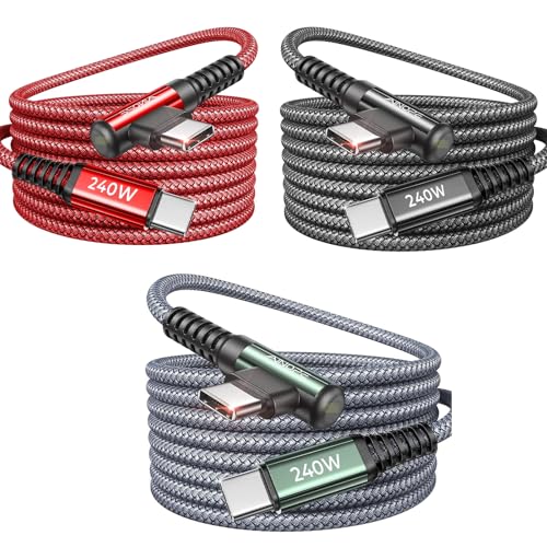 AINOPE 240W USB C to USB C Cable Fast Charging 3FT,Right Angle Fast Type C Charging Cable Fits iPhone 16 Pro Max Plus,iPhone 15,MacBook Air/Pro,iPad Pro,Samsung,Pixel,All Devices,Black,Grey,Red - color: Grey、Red、Black, size: 3.3FT