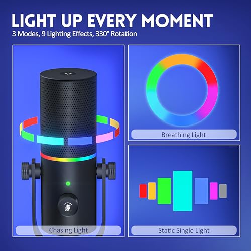 Gaming Microphone, USB Microphone for PC, Plug & Play Condenser Mic with RGB Light, Desk Computer Microphone, Gain Control, Singing, Recording, Streaming, Podcasting, PS4/5 and Conference