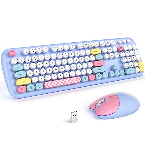 Wireless Keyboard and Mouse Combo, 2.4G Retro Typewriter Keyboard with Number Pad and Cute Ambidextrous Wireless Mouse for Computer Laptop - color: Light Blue Colorful