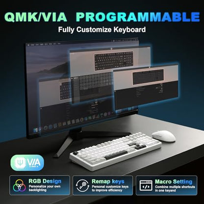 YUNZII AL98 QMK/VIA Wireless Mechanical Gaming Keyboard,Full Aluminum,BT/2.4G/USB-C, Pre-Lubed Hot Swappable Gasket Mount 1800 Layout,RGB Backlit for Win/Mac (White, Cocoa Cream V2 Switch) - color: White, size: Cocoa Cream V2 Switch