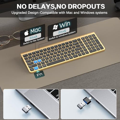 JOYACCESS Black Gold Wireless Keyboard with Low-Profile Keys - 2.4GHz Full-Sized,Windows & Mac OS, Quiet,Ergonomic Keyboard for Computer, Laptop, PC, Mac,Windows- Gold - color: Black Glod