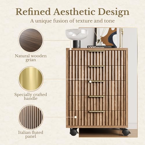 5 Drawer Chest, Under Desk Storage Wood Drawers with Wheels, Fluted File Cabinet for Home Office, Black Walnut - color: Black Walnut