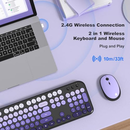 MOFII Wireless Keyboard and Mouse Combo, Full Size 2.4G Retro Round Computer Keyboard and Mouse Set, Plug and Play, for Windows, Computer, Desktop, PC, Notebook - (Black Purple Gradient) - color: Lovely-Black Purple Gradient