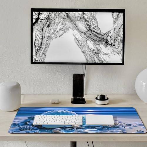 Sea Turtle & Starfish Shells Large Extended Gaming Mouse Pad (16x36in) - Durable Stitched Edges XXL Desk Mat for Keyboard and Mouse - Water Resistant & Non-Slip Rubber Base - color: black-1, size: 16x36in