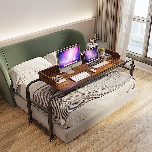 TigerDad Overbed Table with Wheels, Modern Style, Brown, 55.1-82.7x25.6x18.1 inches, 350lbs Weight Capacity - color: Brown