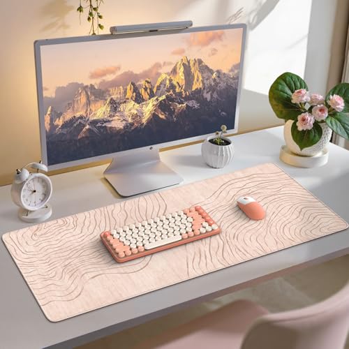 iCasso Big Mouse Pad,Aesthetic Desk Cover Mat for Desktop,Anti-Slip Computer Mat with Stitched Edges,Cute Beige Keyboard Mat for Women,Extended Long Desk Protector for Office Home Dorm - color: Wave-Apricot