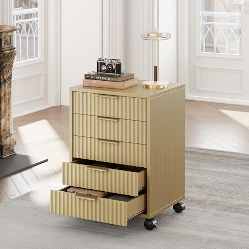 5 Drawer Chest, Under Desk Storage Wood Drawers with Wheels,Fluted File Cabinet for Home Office, Light Walnut - color: Light Walnut
