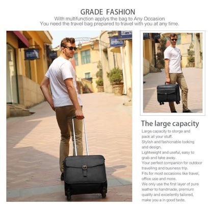 Leathario Leather Rolling Laptop Case Wheeled Briefcase Suitcase Roller Boarding - color: Black