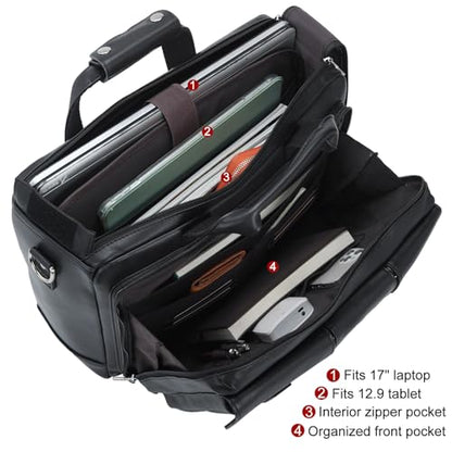 TIDING Full Grain Leather Briefcase For Men 17 Inch Laptop Case Business Travel Office Messenger Shoulder Bag - color: Black