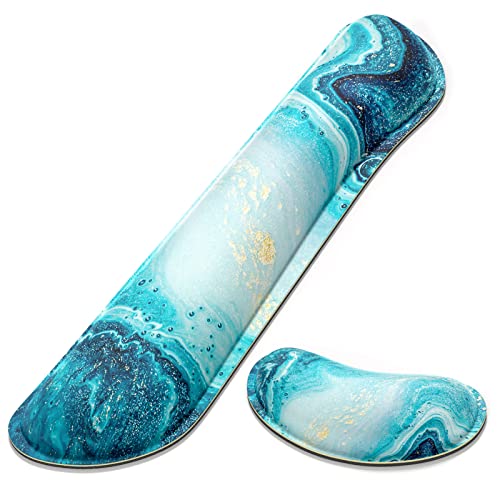 Dapesuom Enlarge Keyboard Wrist Rest, Memory Foam Wrist Cushion for Desk Mats Support, Cute Marble Pain Relief Keyboard Mouse Pad Rests Set with Non-Slip Base for Gaming Laptop Office Computer, Blue - color: Ocean Blue Marble