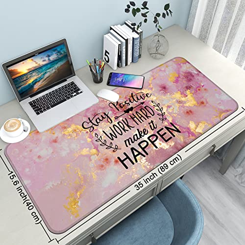 Desk Mat,Large Mouse Pad 35''×15.6'' XXL Extended Gaming Mouse Pad Mat with Non-Slip Base Stitched Eges Mousepad for Computer,Office,Keyboard and Laptop -Stay Positive - color: E1- Stay Positive