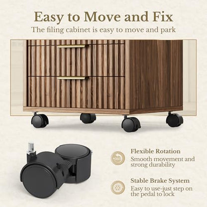 5 Drawer Chest, Under Desk Storage Wood Drawers with Wheels, Fluted File Cabinet for Home Office, Black Walnut - color: Black Walnut