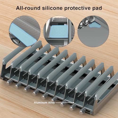 Elestoria 10-Slot Vertical Laptop Stand & Holder – Adjustable Aluminum Laptop Stand Vertical for Desk Fits 10 Devices, MacBook & Gaming Laptops (Up to 17.3”) – Space Saving Laptop Storage Rack - Grey - size: 10 - Slot