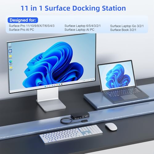 Surface Pro Docking Station with Power Adapter, 11-in-1 Surface Dock Dual Displays 4K HDMI+VGA, Sur face Docking Station for Sur face Pro 11/10/9/8/X/7/7+/6/5/4/3, Sur face Book/Laptop/Go