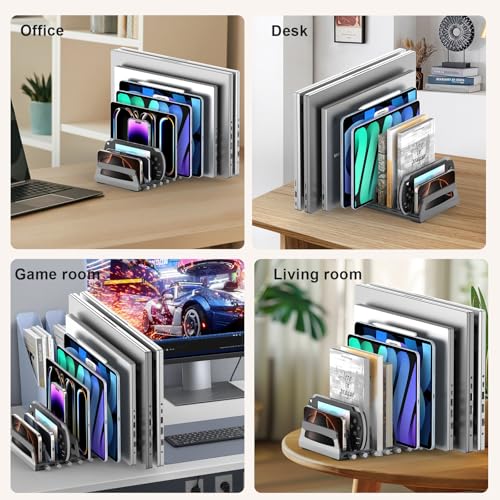 Elestoria 10-Slot Vertical Laptop Stand & Holder – Adjustable Aluminum Laptop Stand Vertical for Desk Fits 10 Devices, MacBook & Gaming Laptops (Up to 17.3”) – Space Saving Laptop Storage Rack - Grey - size: 10 - Slot
