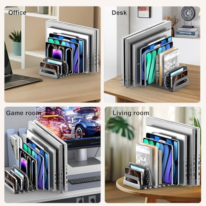 Elestoria 10-Slot Vertical Laptop Stand & Holder – Adjustable Aluminum Laptop Stand Vertical for Desk Fits 10 Devices, MacBook & Gaming Laptops (Up to 17.3”) – Space Saving Laptop Storage Rack - Grey - size: 10 - Slot
