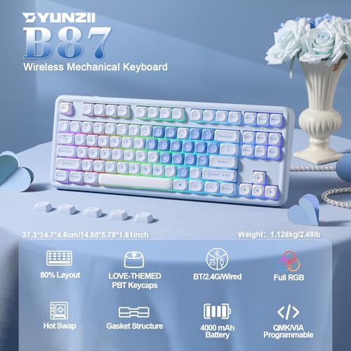 YUNZII B87 Wireless Mechanical Keyboard,QMK/VIA Programmable,TKL Layout 87 Keys,BT/2.4G/USB-C,Hot Swap Gasket Mount RGB Backlit Gaming with Wrist Rest for Win/Mac (Blue Heart, Cocoa Cream V2) - color: Blue Heart, size: Cocoa Cream V2