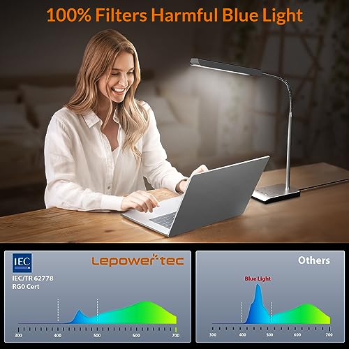 LEPOWER-TEC LED Desk Lamp, 12W Reading Desk Lamp for Office Home with 60 Lighting Modes, Touch Control & Timer Function, 750LM Bright Eye-Caring Gooseneck Desk Light Table Lamp for Study, Work, Silver