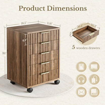 5 Drawer Chest, Under Desk Storage Wood Drawers with Wheels, Fluted File Cabinet for Home Office, Black Walnut - color: Black Walnut