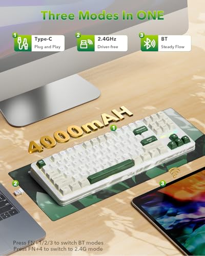 Redragon K734W Wireless Mechanical Keyboard, Tri Mode BT5.0/2.4G/USB-C 75% 81 Keys TKL Custom Hot Swappable Gaming Keyboard, Pre-lubed Linear Switches,RGB Gasket Computer Creamy Keyboard, for PC/MAC - color: Green TKL