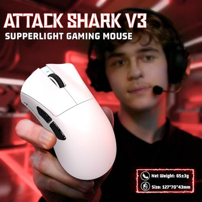 ATTACK SHARK V3 Ultra-Light Wireless Gaming Mouse,PAW3311 Sensor, 500mAh, 62g, 25KDPI 2.4G/BT/USB-C Rechargeable Wireless Mouse with 5 Programmable Buttons for Laptop,PC,Mac Gamer (White) - color: White