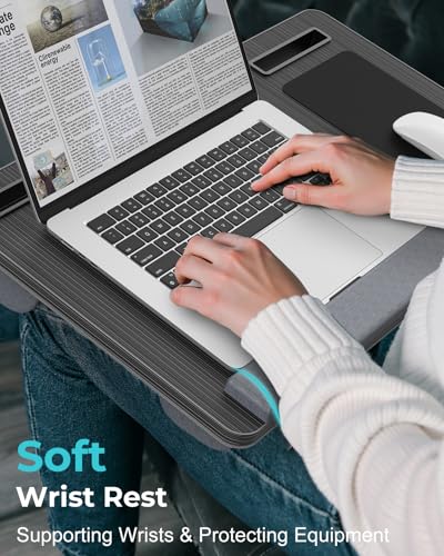 Potuopy Lap Desk - Up to 17” Laptop Tray with Wrist Rest, Portable Handle, Fixed Mouse Pad, Tablet & Phone Slots, Laptop Stand for Bed with Cushion (Black) - color: Black