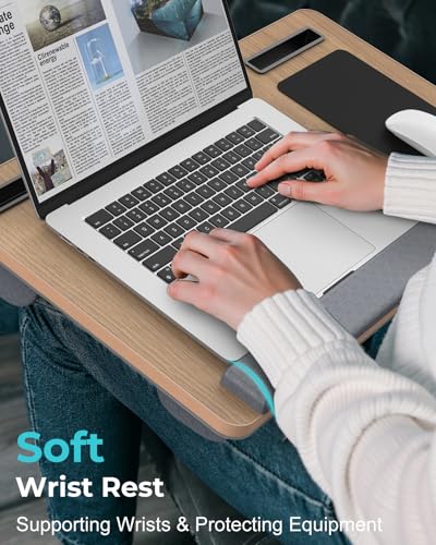 Potuopy Lap Desk - Up to 17” Laptop Tray with Wrist Rest, Portable Handle, Fixed Mouse Pad, Tablet & Phone Slots, Laptop Stand for Bed with Cushion (Dark Brown Woodgrain) - color: Dark Brown Woodgrain