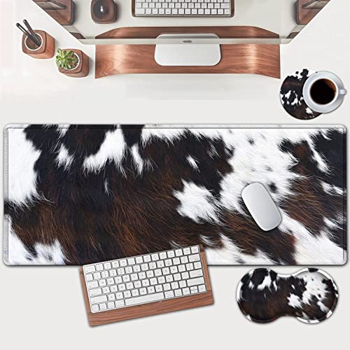 Large Mouse Pad, Extended Office Desk Pad 31.5x11.8in, Ergonomic Memory Foam Mouse Wrist Rest Support for Home Office Computer Writing Pad, Cute Funy Faux Black Brown Cowhide Fur XXL Gaming Mouse Mat - color: JV-Mouse pad-12-A-12