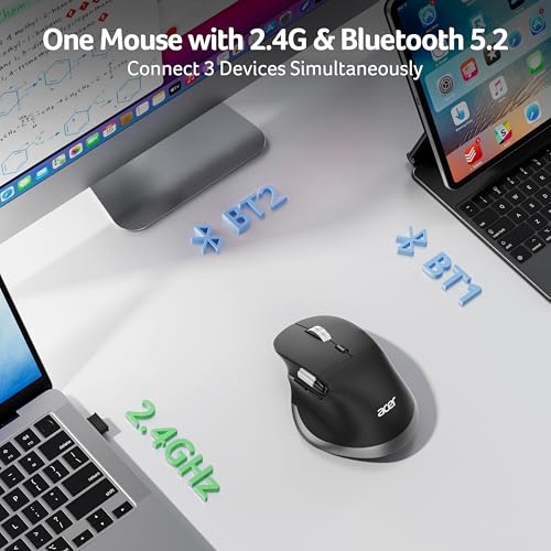 acer Ergonomic Mouse Wireless Rechargeable with Side Scroll (BT5.2+2.4GHz), Bluetooth Computer Mouse for Laptop, Medium to Large Sized Hands, Office USB Mice, 8 Buttons, 4800 DPI for PC, MacBook Neo - size: Ergonomic