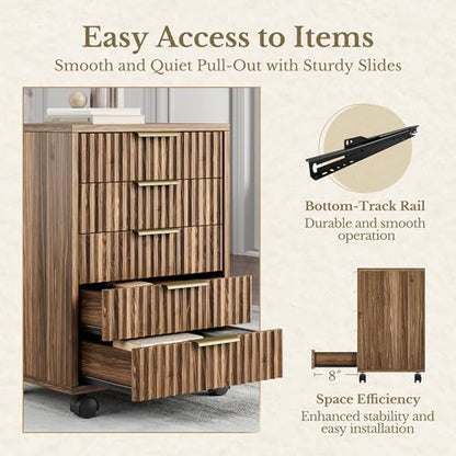5 Drawer Chest, Under Desk Storage Wood Drawers with Wheels, Fluted File Cabinet for Home Office, Black Walnut - color: Black Walnut