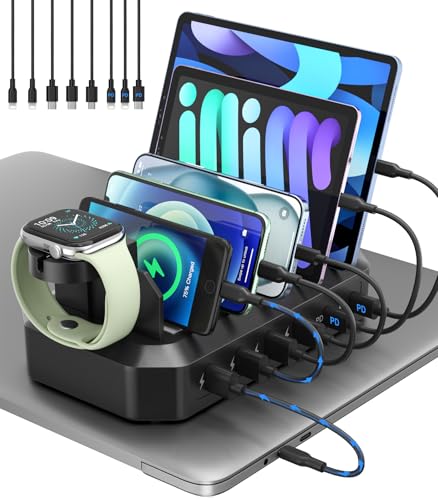 95W Fast Charging Station for Multiple Devices【Patent & Safety Certs】 6-Port USB Charging Dock with 2 PD Ports Compatible with Cellphones/iPad/MacBook/Kindle/Tablets (8 Mix Cables & 2 Stands Included) - color: Black, size: 95W