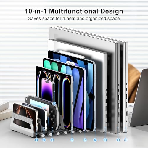Elestoria 10-Slot Vertical Laptop Stand & Holder – Adjustable Aluminum Laptop Stand Vertical for Desk Fits 10 Devices, MacBook & Gaming Laptops (Up to 17.3”) – Space Saving Laptop Storage Rack - Grey - size: 10 - Slot