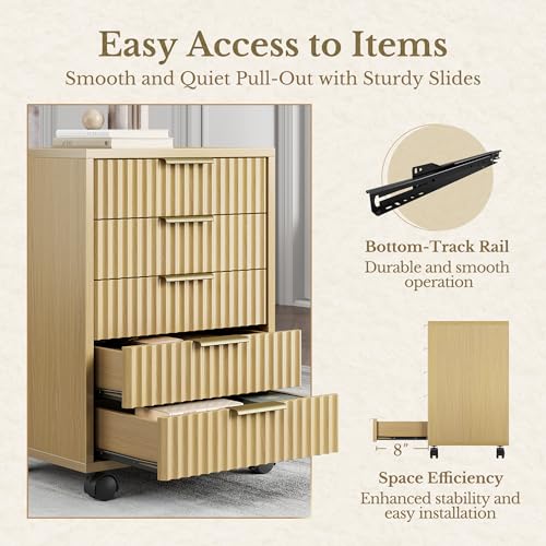 5 Drawer Chest, Under Desk Storage Wood Drawers with Wheels,Fluted File Cabinet for Home Office, Light Walnut - color: Light Walnut