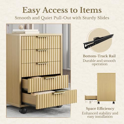 5 Drawer Chest, Under Desk Storage Wood Drawers with Wheels,Fluted File Cabinet for Home Office, Light Walnut - color: Light Walnut