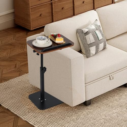 comfoyar C Shaped TV Tray for Couch, Adjustable Height Side Table with 360° Swivel 180° Flip for Small Space, End Table with Slat for Living Room Bedroom Laptop Snack. Walnut