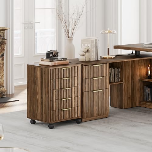 5 Drawer Chest, Under Desk Storage Wood Drawers with Wheels, Fluted File Cabinet for Home Office, Black Walnut - color: Black Walnut