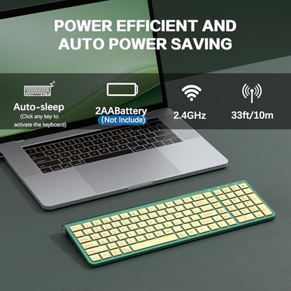 JOYACCESS Slim Compact Wireless Keyboard - Full-Size Silent Keys & Ergonomic Design, Number Pad & Dustproof Cover for Windows/Mac - Emerald Green - color: Emerald Green