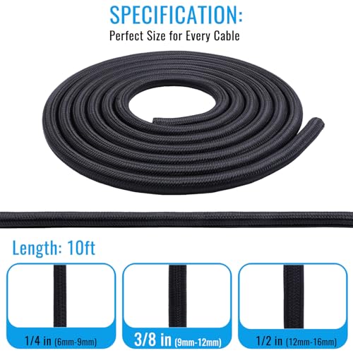 3/8" Braided Cable Sleeve - 10Ft Cat Cord Protector Split Wire Loom Tubing Flexible Self Wrapping for USB, Audio, Automotive Cord, Dog Chew Proof Cable Protector - Black - size: 3/8" - 10Ft