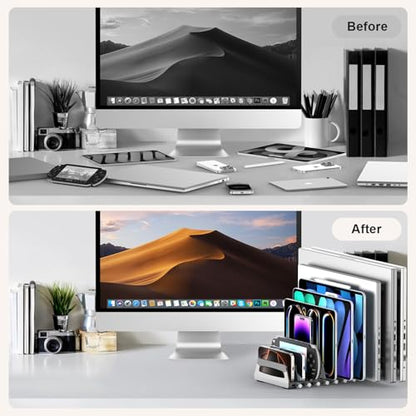 Elestoria 10-Slot Vertical Laptop Stand & Holder – Adjustable Aluminum Laptop Stand Vertical for Desk Fits 10 Devices, MacBook & Gaming Laptops (Up to 17.3”) – Space Saving Laptop Storage Rack - Grey - size: 10 - Slot