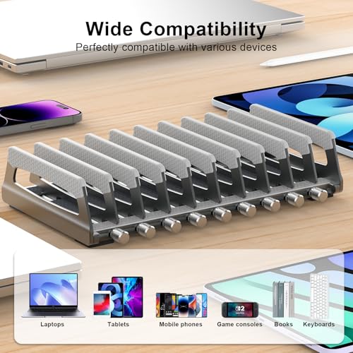 Elestoria 10-Slot Vertical Laptop Stand & Holder – Adjustable Aluminum Laptop Stand Vertical for Desk Fits 10 Devices, MacBook & Gaming Laptops (Up to 17.3”) – Space Saving Laptop Storage Rack - Grey - size: 10 - Slot