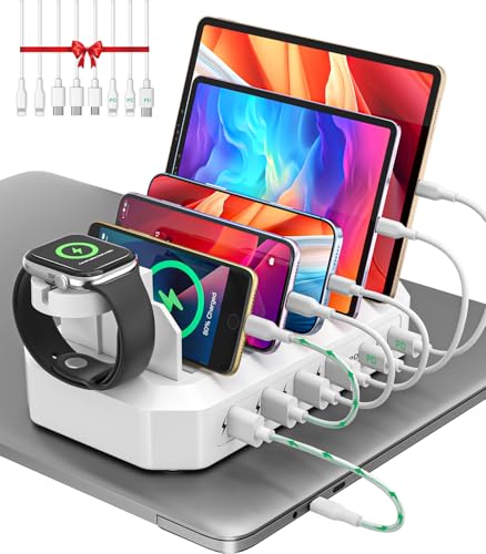 95W Fast Charging Station for Multiple Devices【UL & FCC Tested Safer Charging】 6-Port USB Charging Dock with 2 PD-Port, Compatible with iPhone/Android/MacBook/iPad/Tablet/Kindle(8 Cables Included) - color: White, size: 95W