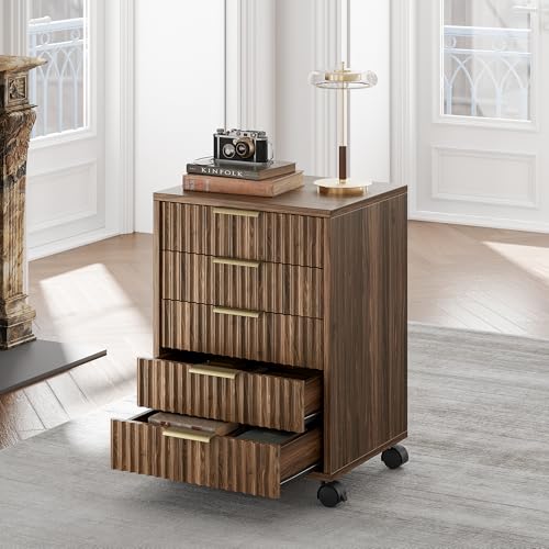 5 Drawer Chest, Under Desk Storage Wood Drawers with Wheels, Fluted File Cabinet for Home Office, Black Walnut - color: Black Walnut