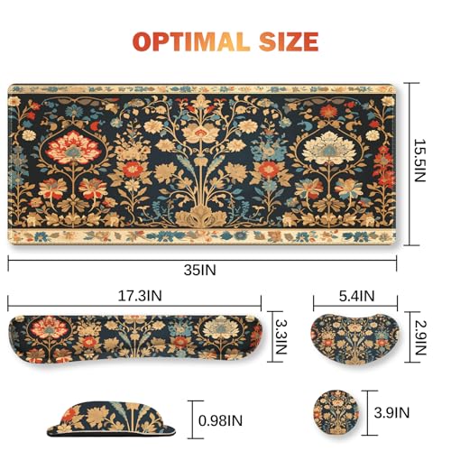 ARTSO Desk Mat Set, Mouse Pad with Wrist Rest Support + Keyboard Wrist Rest + Large Mouse Pad + Coaster, Extended Gaming Mousepad Combo, Retro Flower Plant - color: Retro Flower Plant