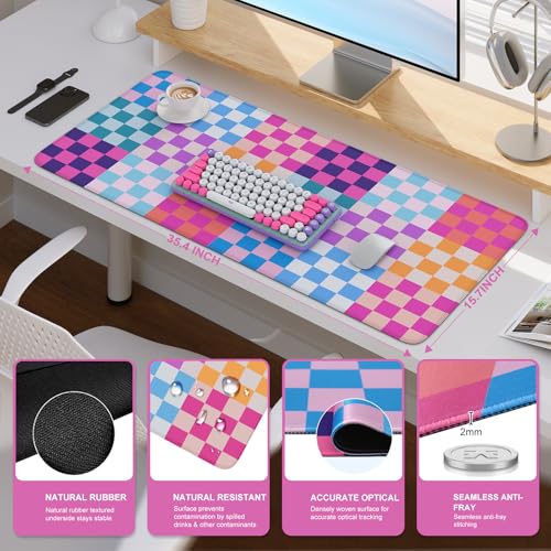 iCasso Desk Matt for Desktop, Cute Desk Pad Mat, XXL Large Mouse Pad, Anti-Slip Big Mousepad with Stitched Edges, Keyboard Pad Mouse Mat for Computer(Colour Checkered) - color: Colour Checkered