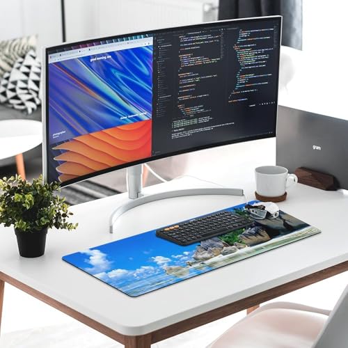 Beaches Scene France Seychelles Large Extended Gaming Mouse Pad (12x31.5in) - Durable Stitched Edges XXL Desk Mat for Keyboard and Mouse - Water Resistant & Non-Slip Rubber Base - color: black-3, size: 12x31.5in