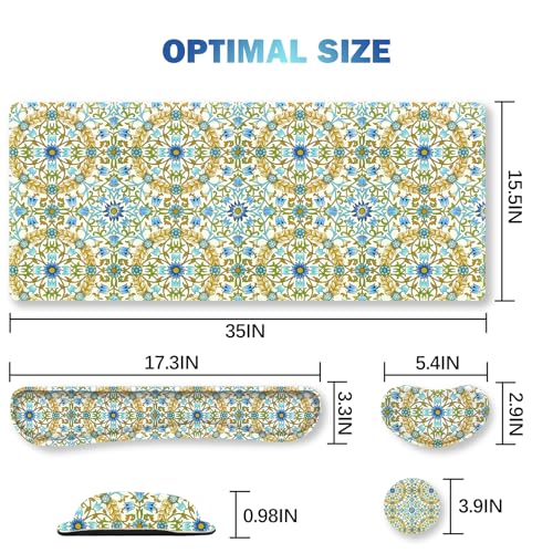 ARTSO Large Gaming Mouse Pad with Wrist Rest Wrist Support, Ergonomic Keyboard Mat Wrist Rest Desk Pad, Home Office Desk Accessories Decor Supplies, Blue Green Bohe Flower Plant - color: Blue Green Bohe Flower Plant